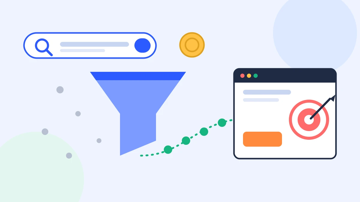 Flat illustration of a search bar sending a focused stream of clicks into a website with a target marker
