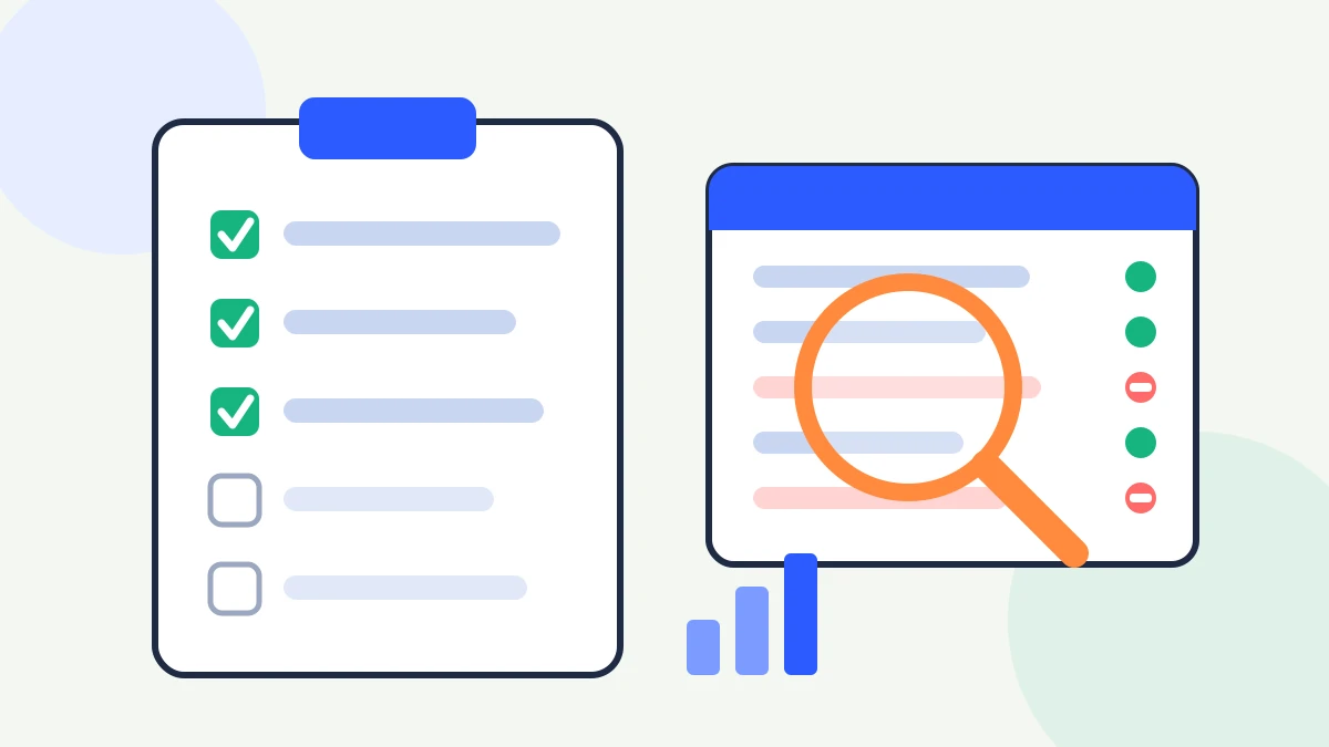 Flat illustration of a weekly ad review checklist beside a magnifying glass over a search terms list