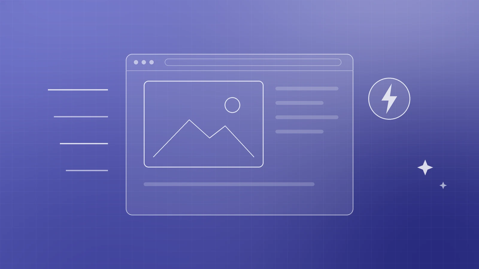 Abstract indigo illustration of a browser with a loaded photo, motion lines and a lightning bolt, representing faster pages