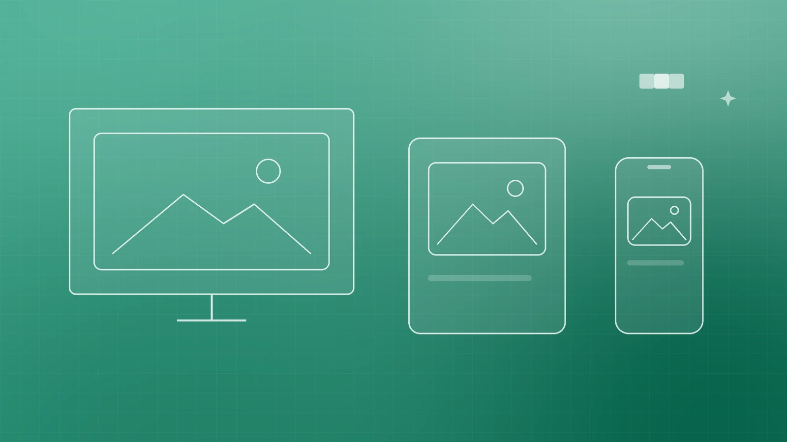 Abstract teal illustration of a monitor, tablet and phone each showing the same photo at a different size, representing responsive images