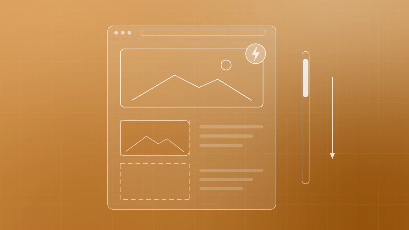 Abstract amber illustration of a tall web page with a hero photo marked by a lightning bolt and dashed placeholders lower down beside a scroll arrow, representing lazy loading