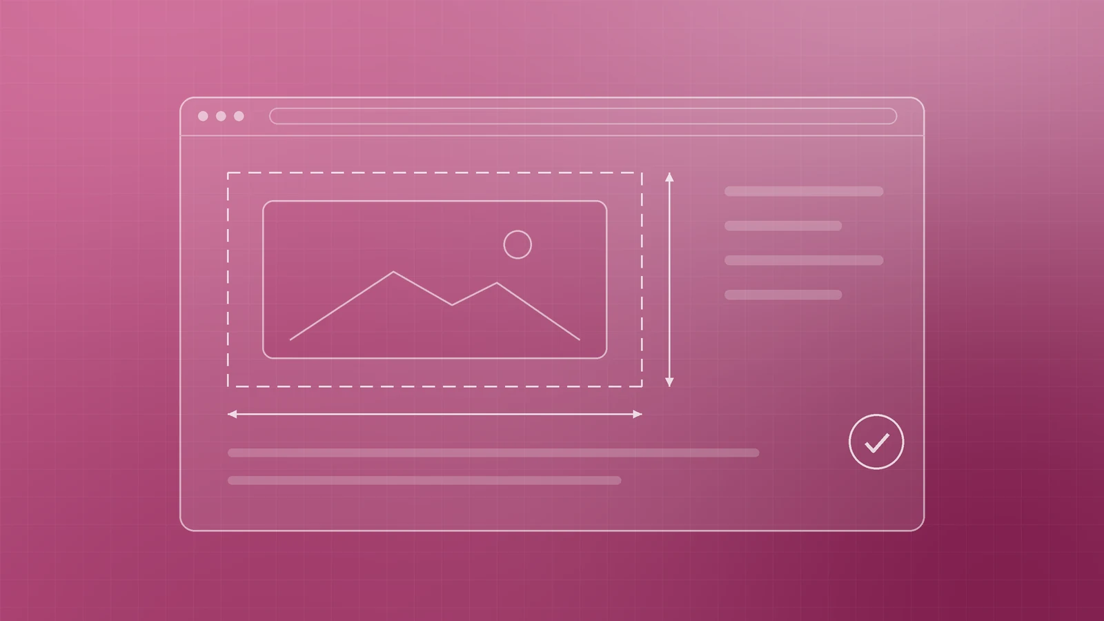 Abstract rose illustration of a dashed reserved image box with width and height arrows inside a browser, representing setting image dimensions to stop layout shifts