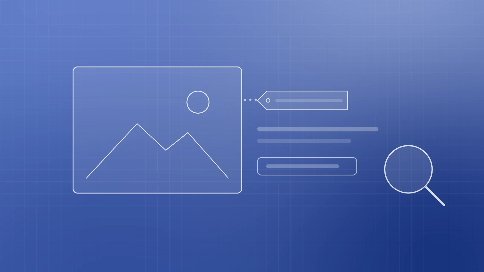 Abstract blue illustration of a photo with a tag label, text lines and a magnifier, representing alt text and image SEO