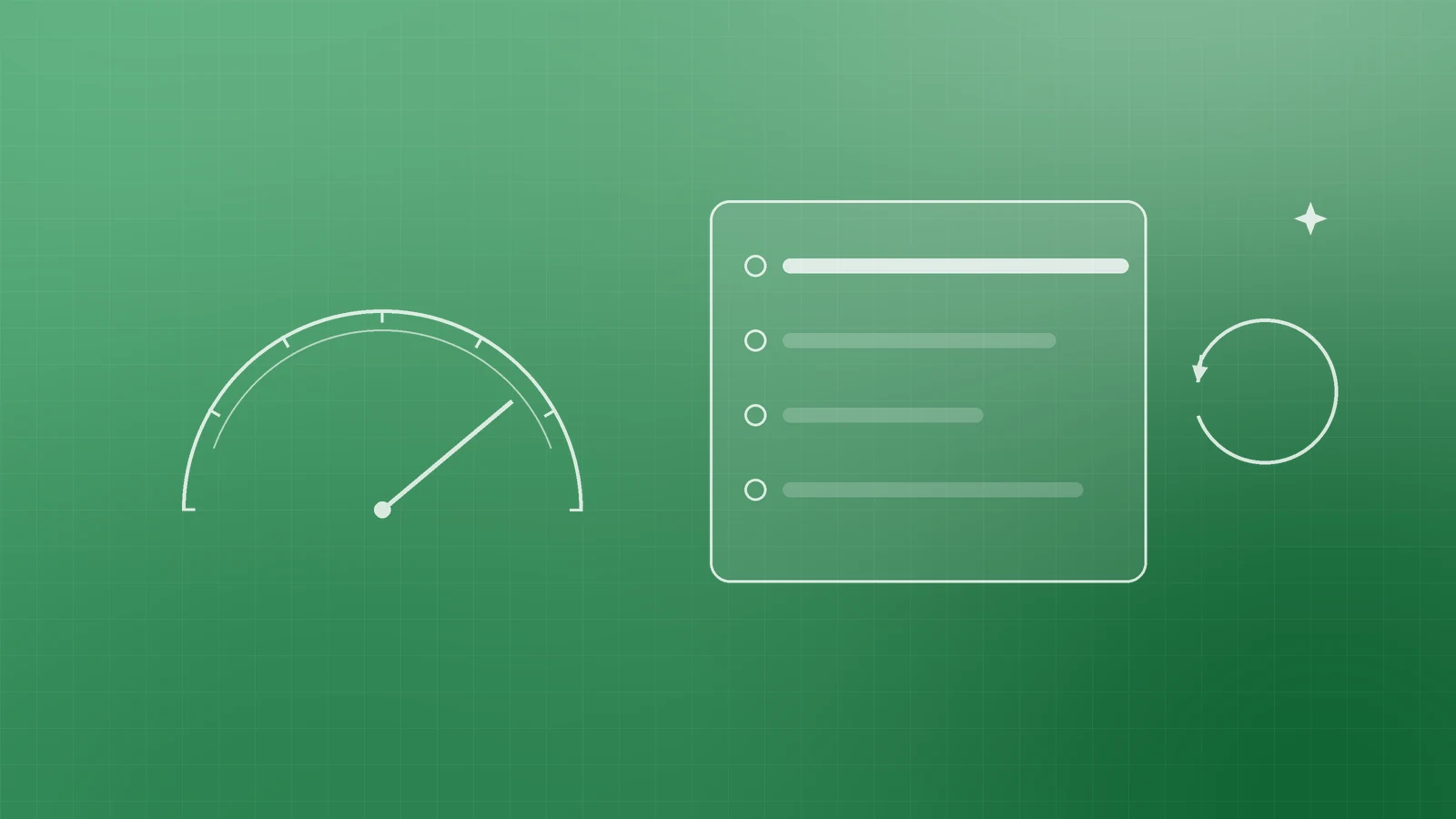 Abstract green illustration of a speed dial beside a report panel and a looping arrow, representing measuring and improving page speed