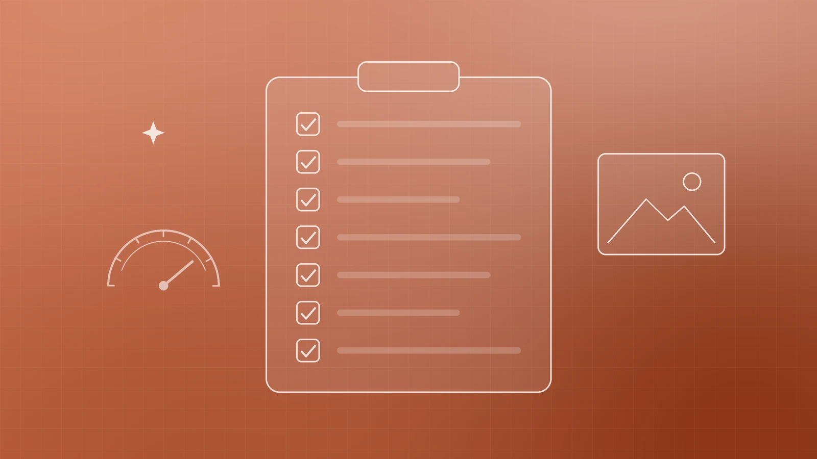 Abstract terracotta illustration of a clipboard with ticked items beside a photo frame and a speed dial, representing an image optimization checklist