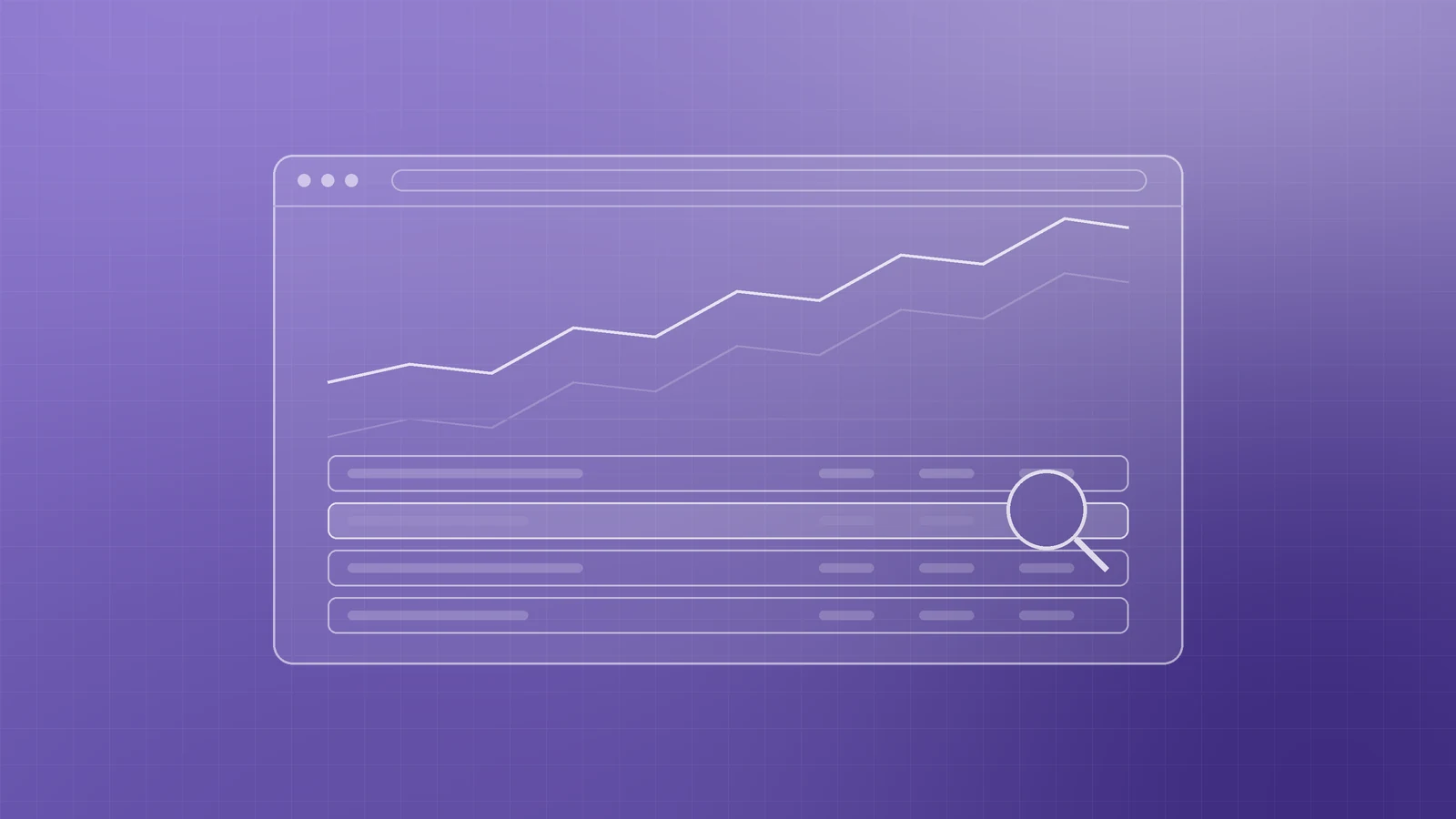 Illustration of a browser panel with a rising performance line above a table of search queries, with a magnifier on one row, representing mining Search Console for keywords you already rank for
