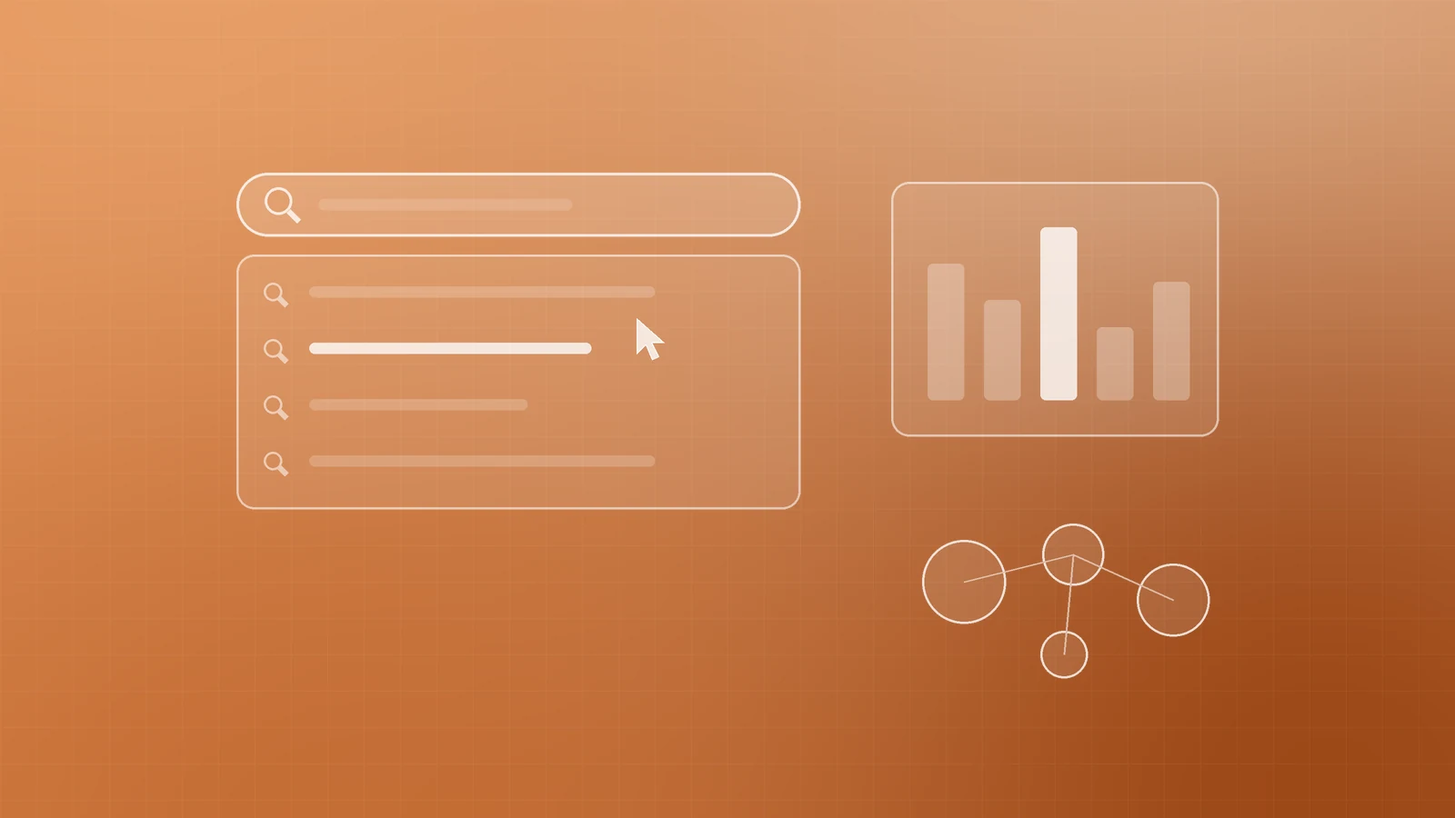 Illustration of a search bar with a dropdown of suggestions beside a small bar chart and linked topic bubbles, representing free keyword discovery with autocomplete, Keyword Planner and related searches
