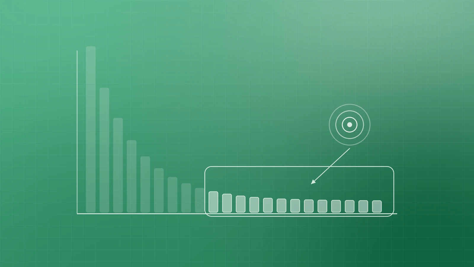 Illustration of tall bars shrinking into a long row of short bars, with the long tail outlined and a target pointing at it, representing long-tail keywords a small business can rank for