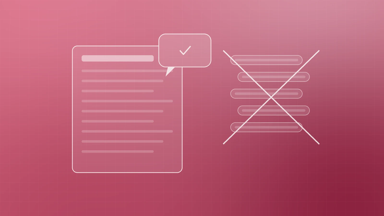 Illustration of a readable page with a ticked speech bubble beside a crossed-out stack of repeated keyword chips, representing writing for people instead of keyword stuffing
