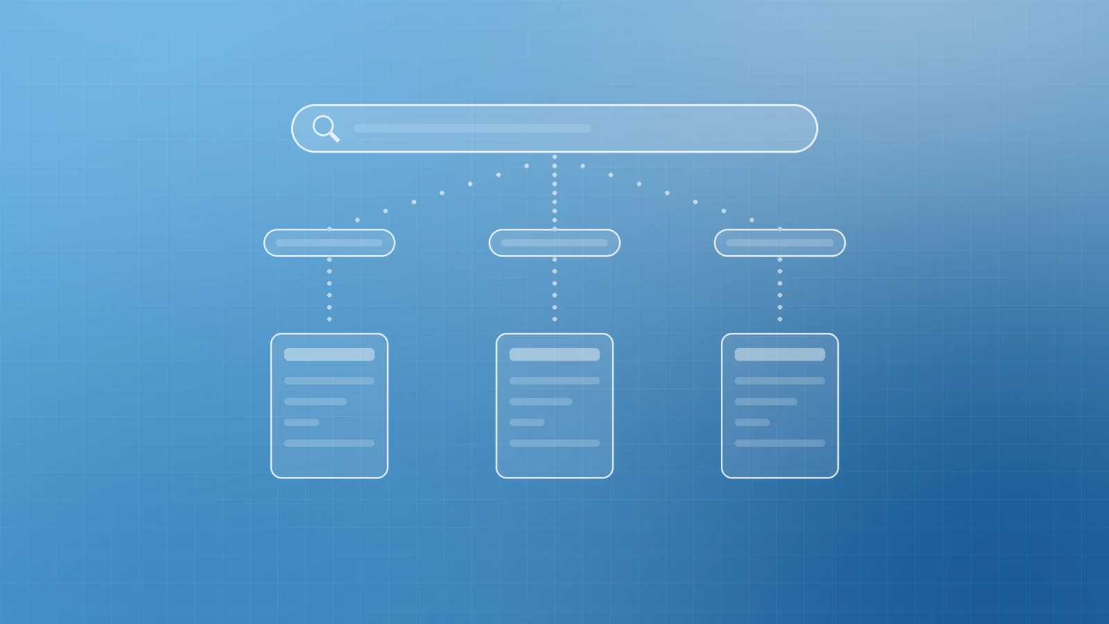 Abstract sky-blue illustration of a search bar linked by dotted lines to keyword chips and three page cards, representing keyword research for small businesses