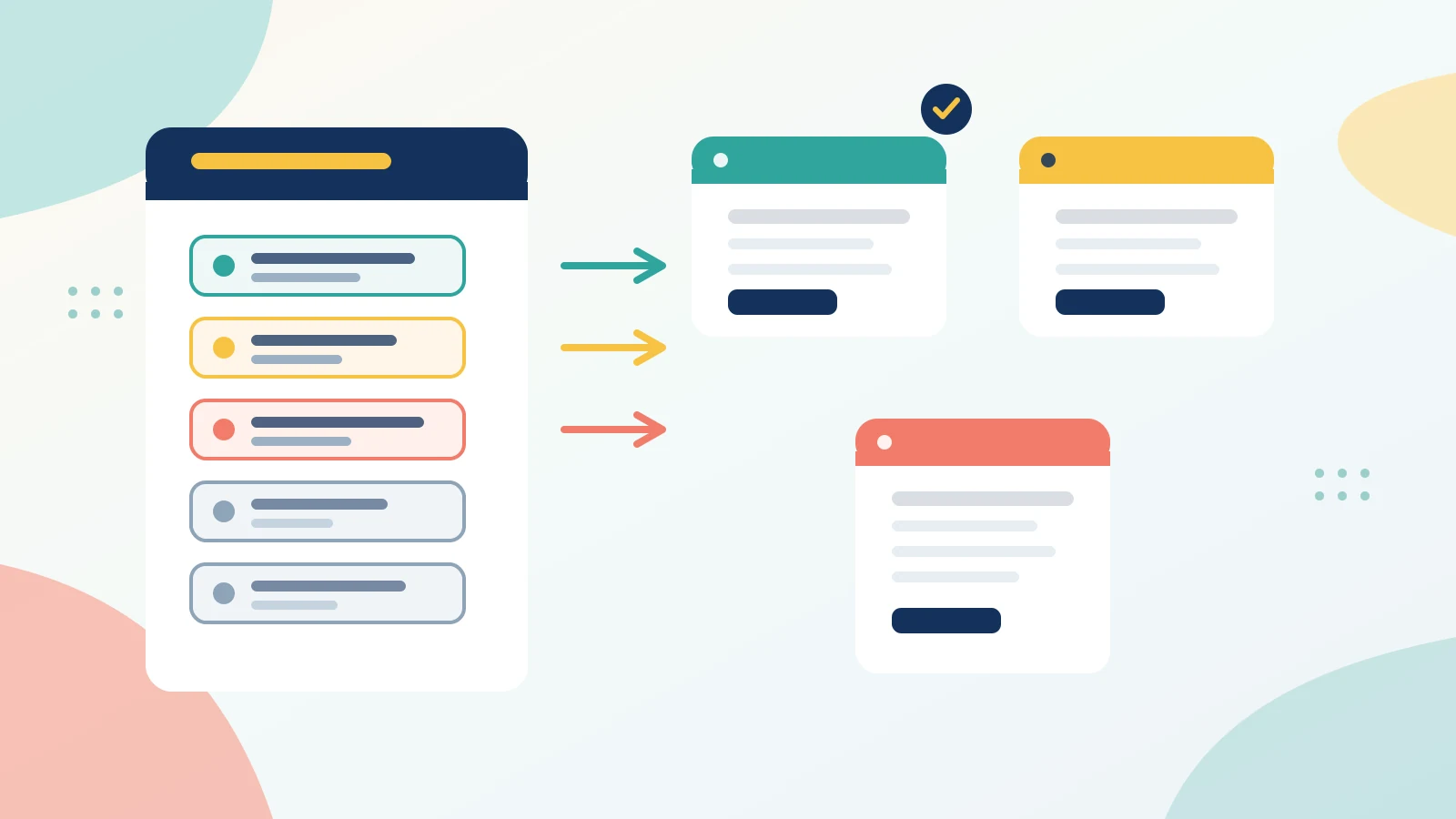 Flat illustration of keyword chips mapped one-to-one onto distinct website page cards