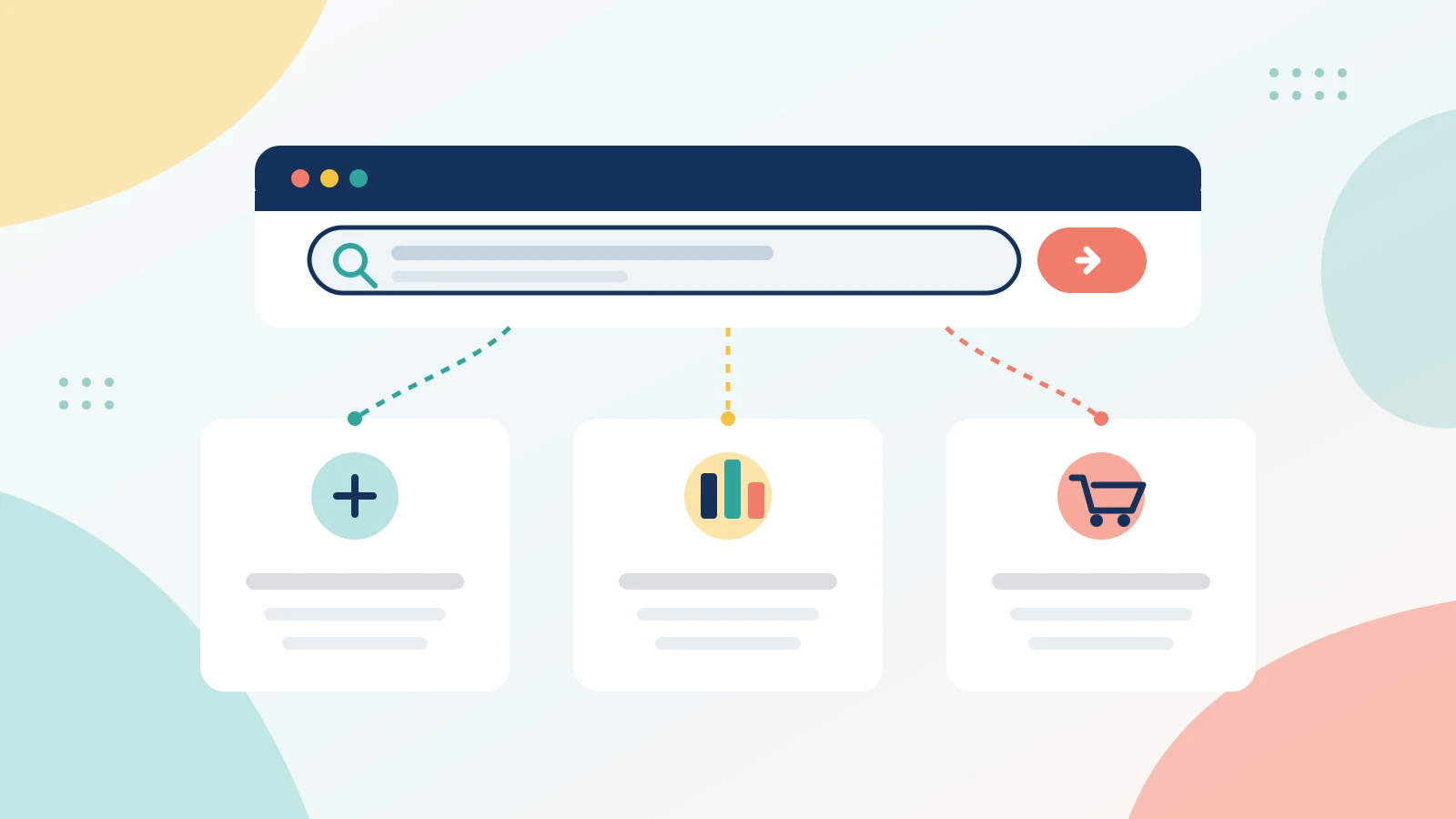 Flat illustration of a search bar branching into three intent paths for learn, compare and buy