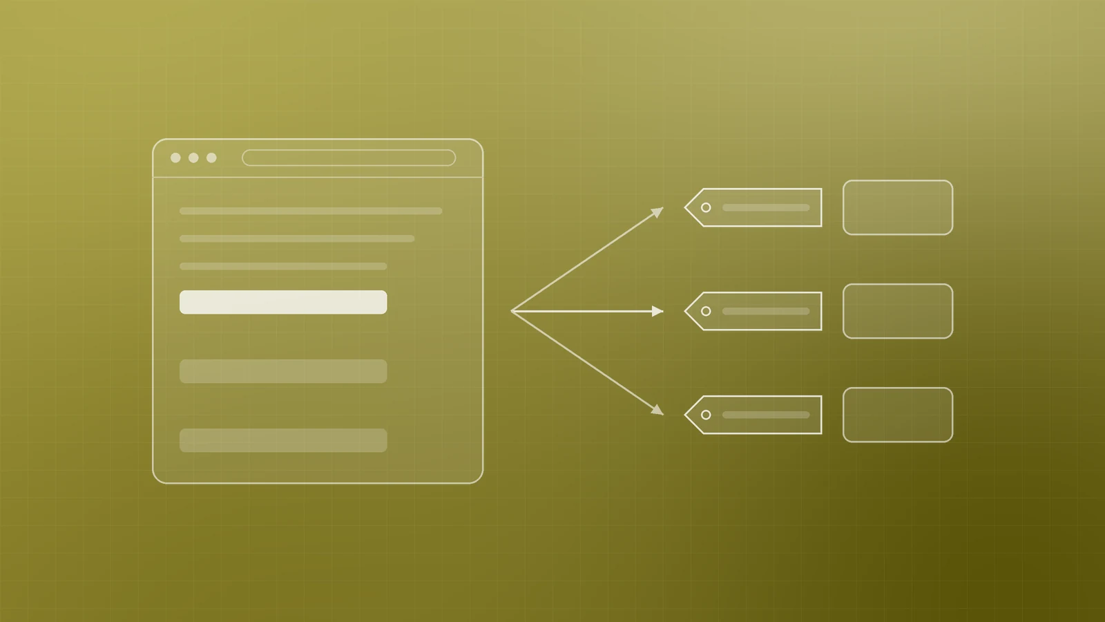 Illustration of a web page sending three outbound arrows, each passing a small label tag before reaching another page, representing qualified rel attributes on paid and user-generated links