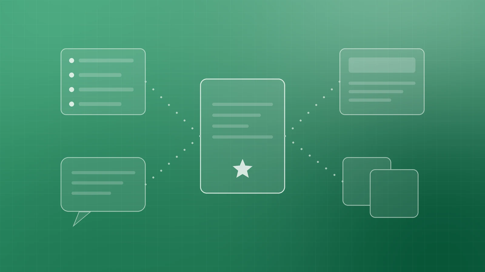 Illustration of a central resource page with a star linked by dotted lines to a directory list, a news card, a mention bubble and two partner cards, representing ways to earn links