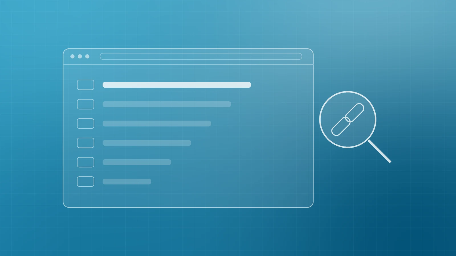 Illustration of a report panel listing linking sites as bars beside a magnifier holding a chain link, representing the Search Console Links report