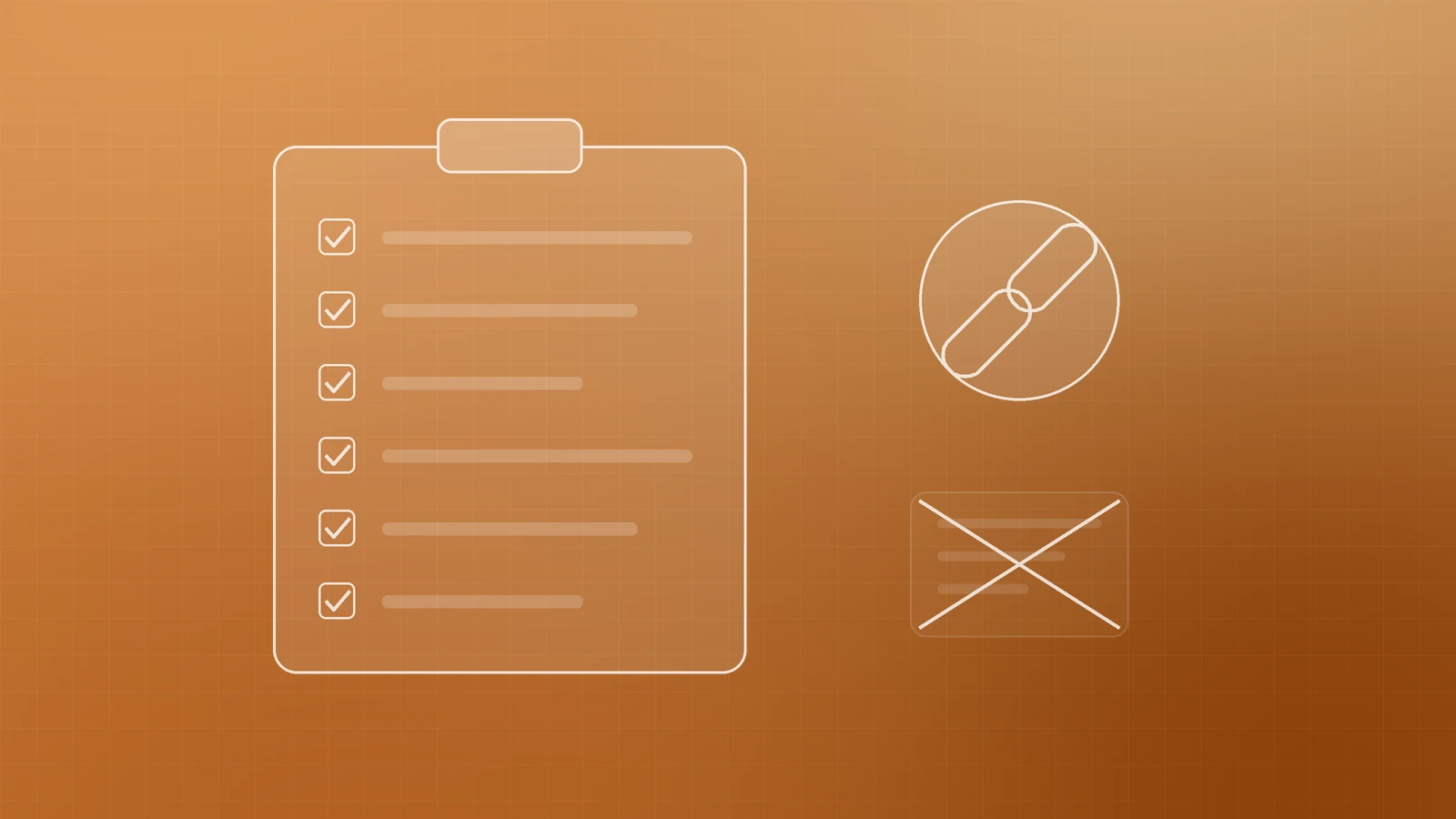 Illustration of a clipboard with ticked items beside a chain link and a crossed-out card, representing a safe link building checklist