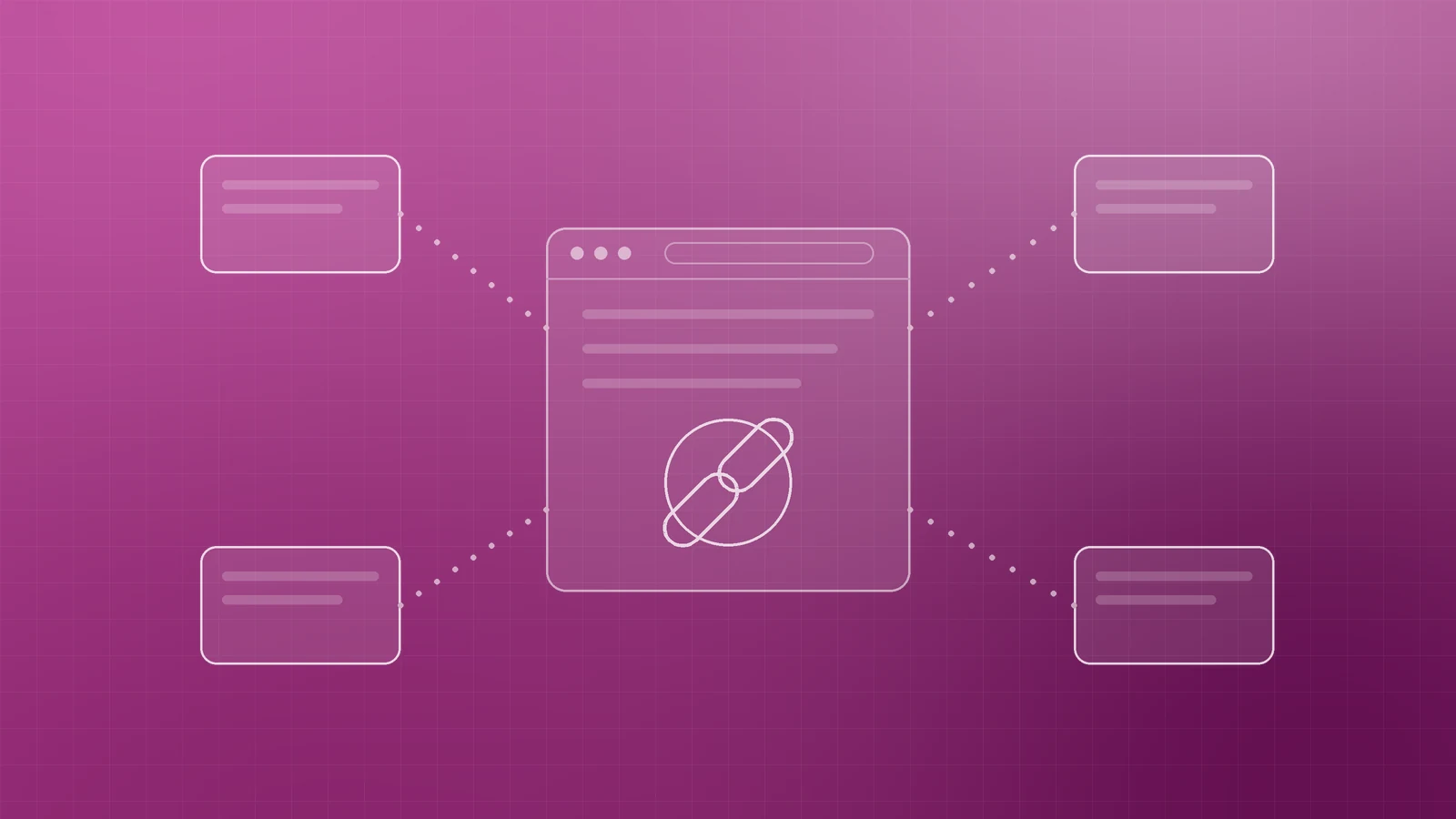 Abstract magenta illustration of a web page with a chain link at its centre, joined by dotted lines to four page cards, representing earning quality backlinks for a small business