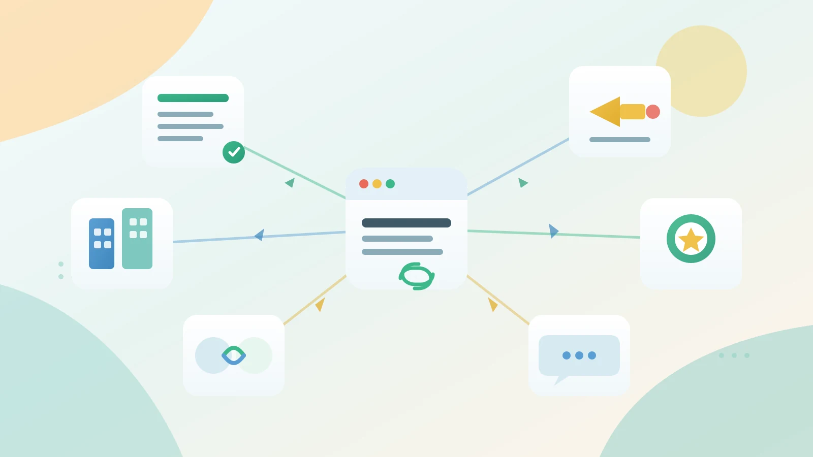 Flat illustration of a central website hub connected to partner, directory, news, and mention nodes