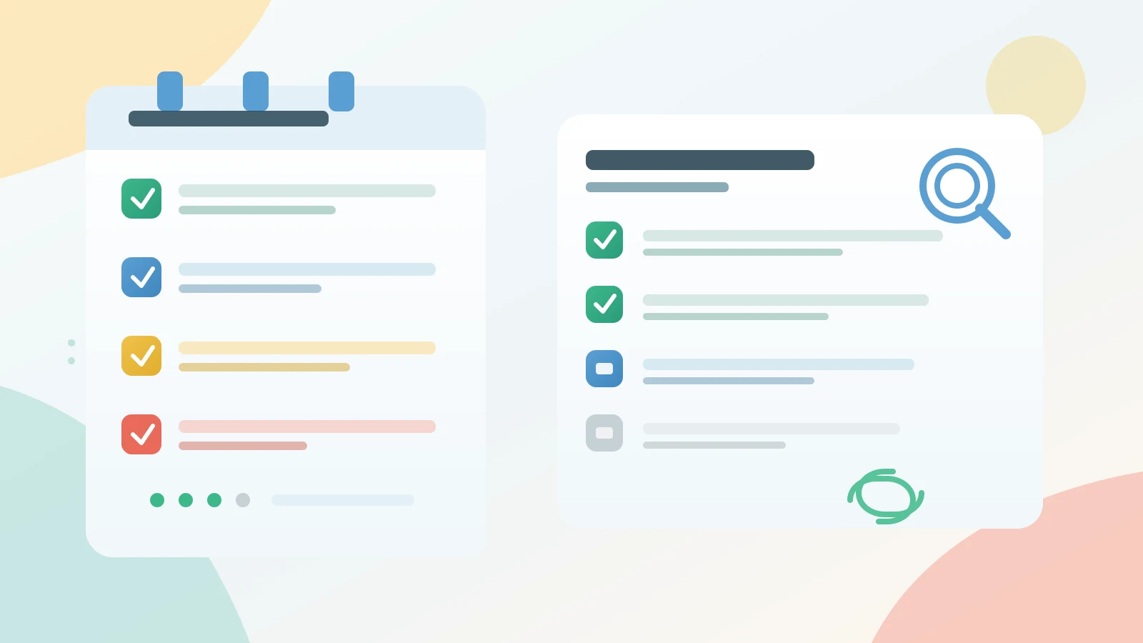 Flat illustration of a monthly calendar board beside a checklist with green checks and a magnifying glass