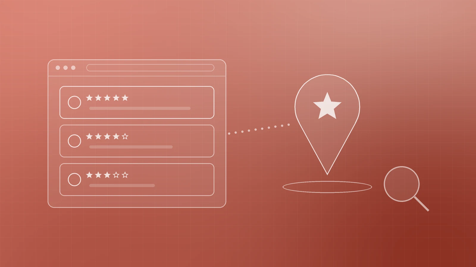 Abstract coral illustration of a browser listing review cards with stars, linked by dotted lines to a map pin holding a star and a magnifier, representing how reviews shape local visibility