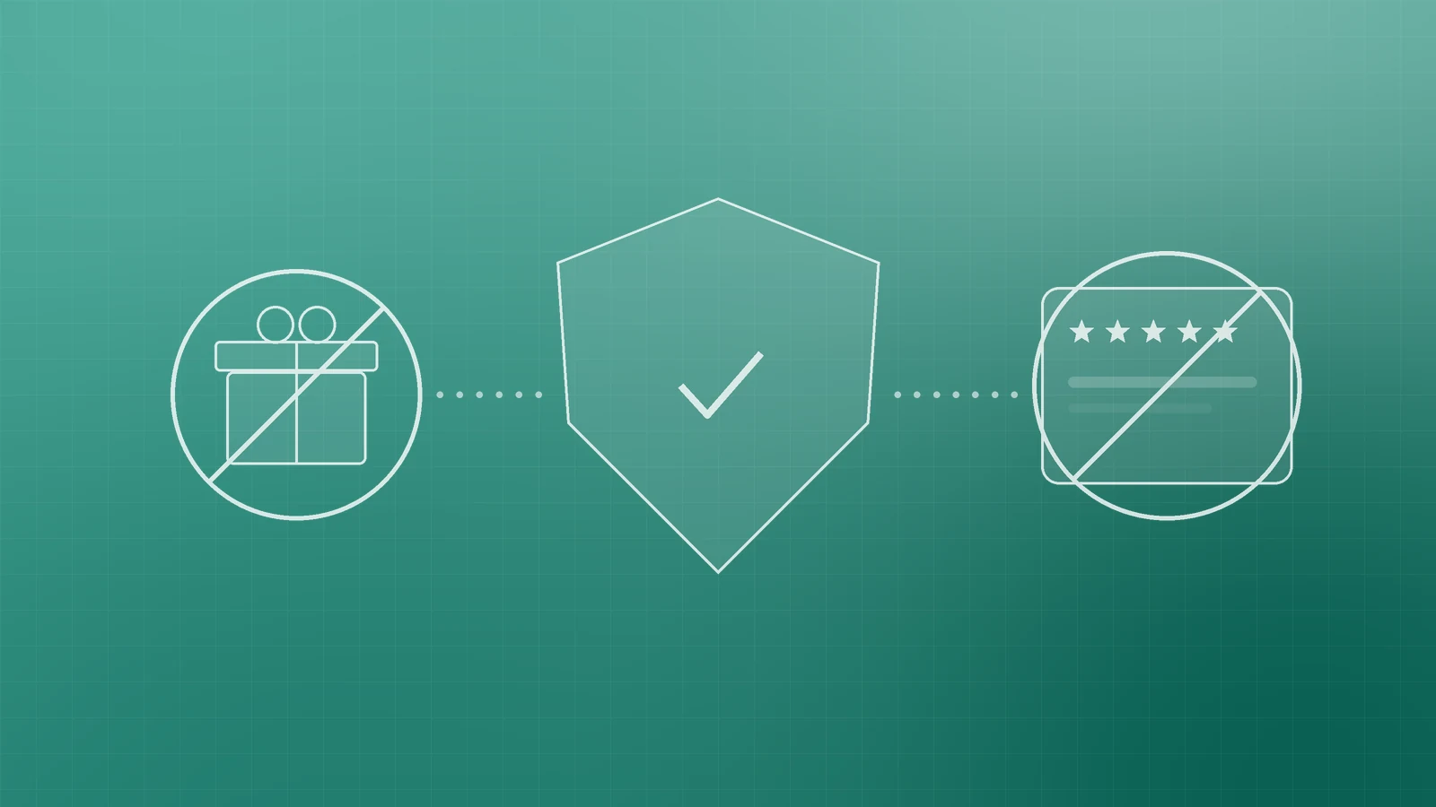 Abstract teal illustration of a shield with a check between a crossed-out gift and a crossed-out review card, representing no incentives and no fake reviews
