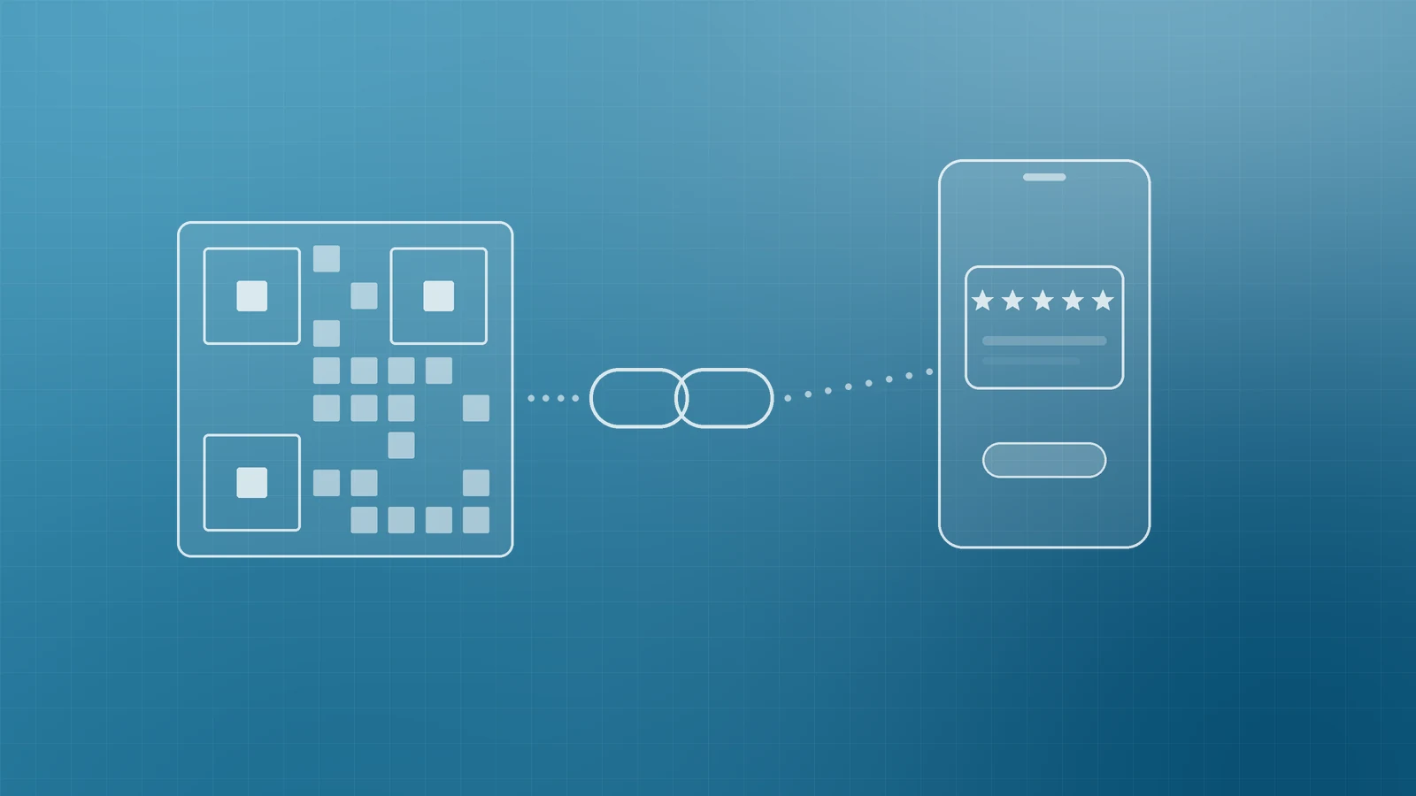 Abstract blue illustration of a QR code and a chain link leading to a phone showing a review card, representing a short review link and QR code