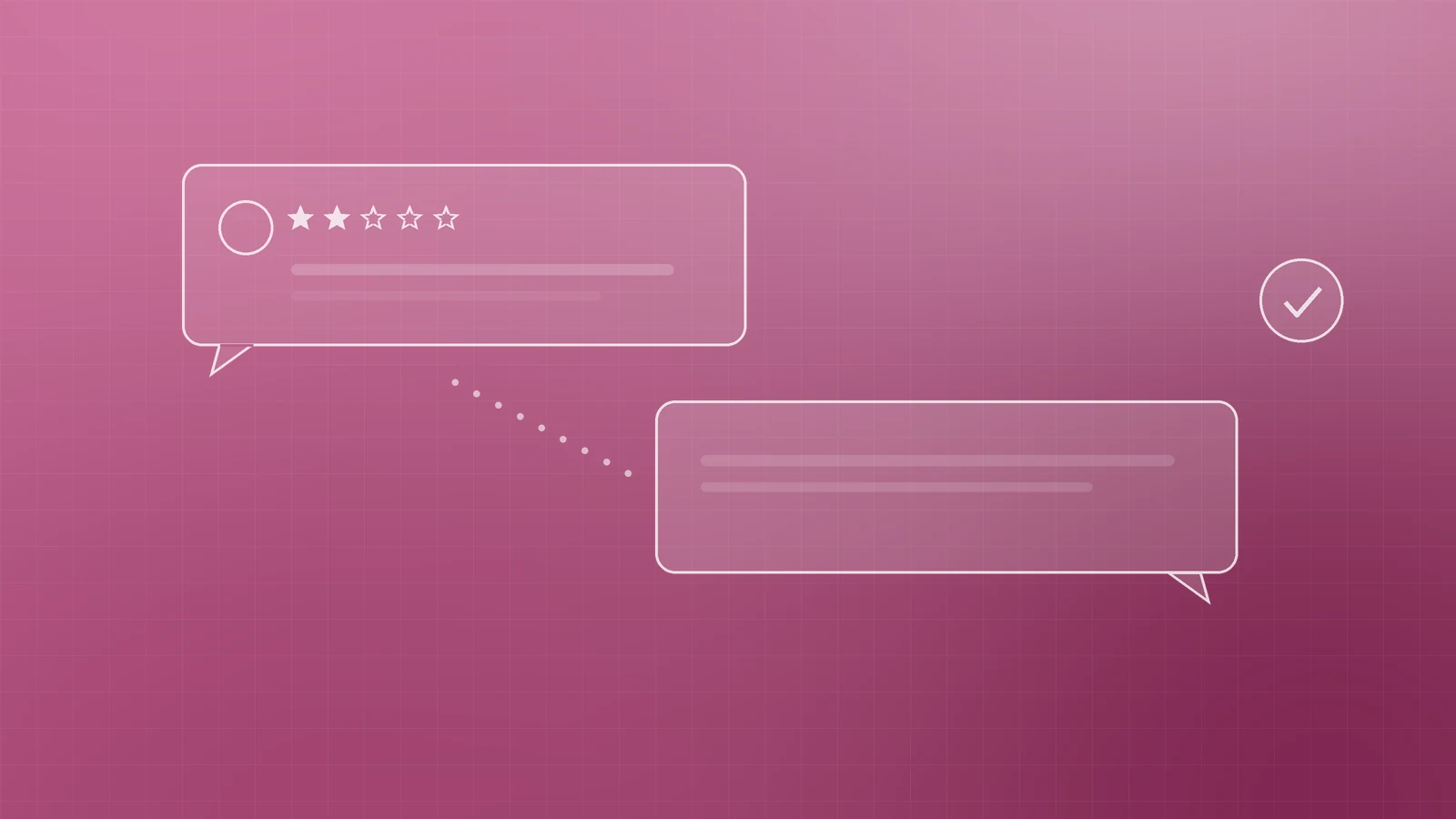 Abstract pink illustration of a review speech bubble and a calm reply bubble with a check mark, representing replying to reviews