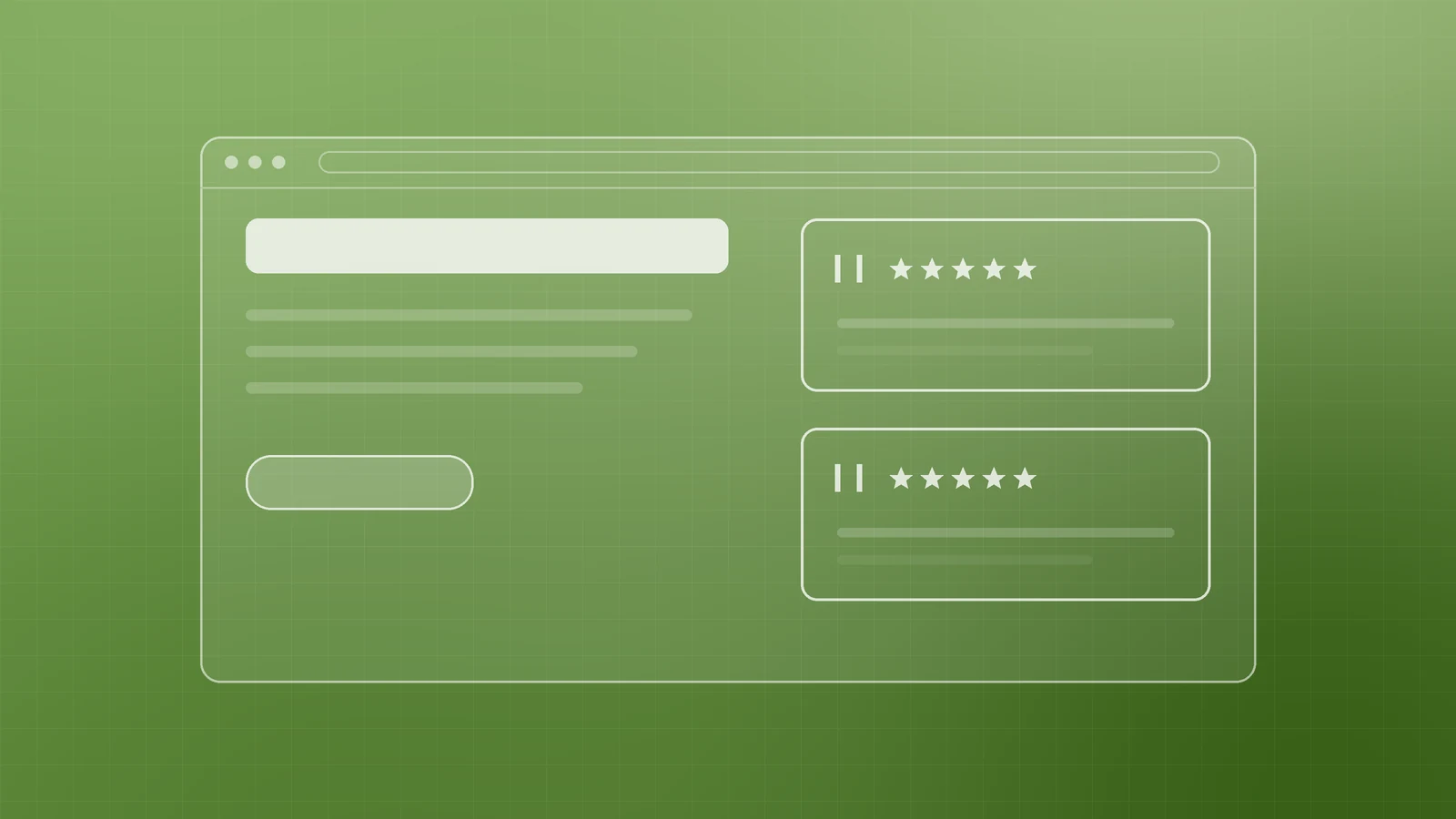 Abstract green illustration of a web page with two quoted review cards beside a heading and button, representing genuine reviews on a business website