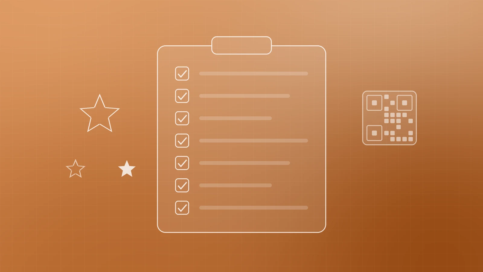 Abstract orange illustration of a clipboard with ticked items beside outline stars and a small QR code, representing a review checklist