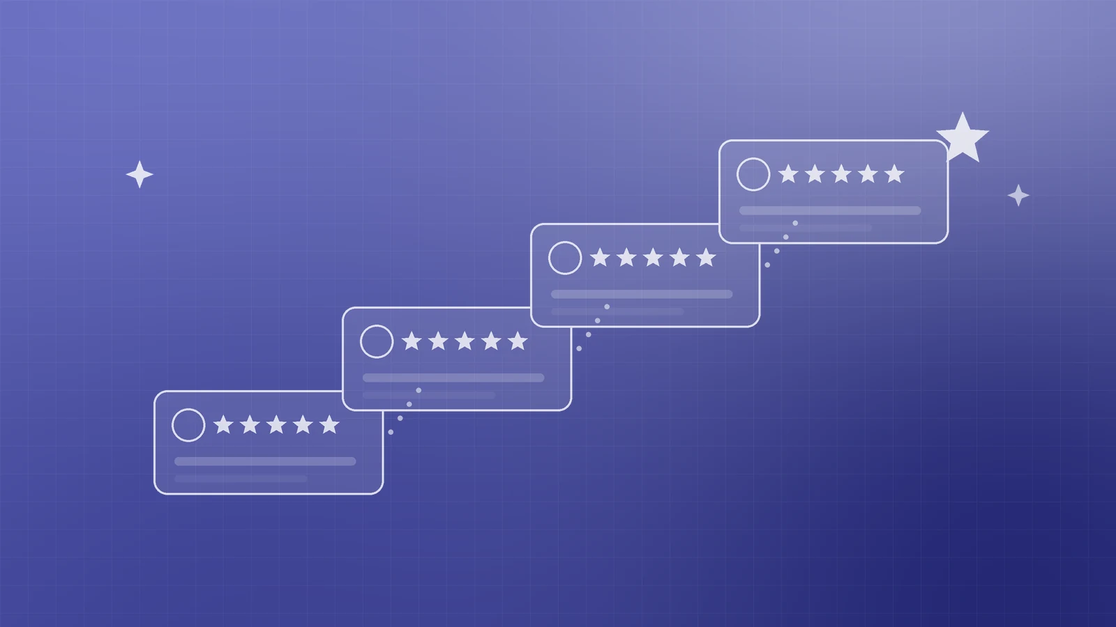 Abstract indigo illustration of review cards rising step by step and joined by dotted lines, representing trust built one honest review at a time