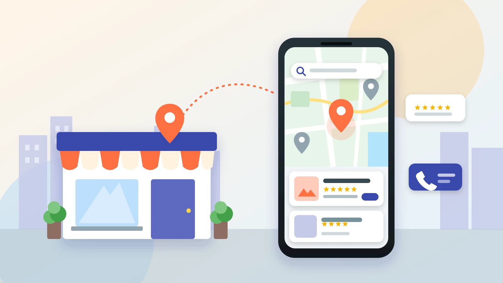 Smartphone showing local Google search and map results for a small business in India, with a highlighted map pin and star ratings