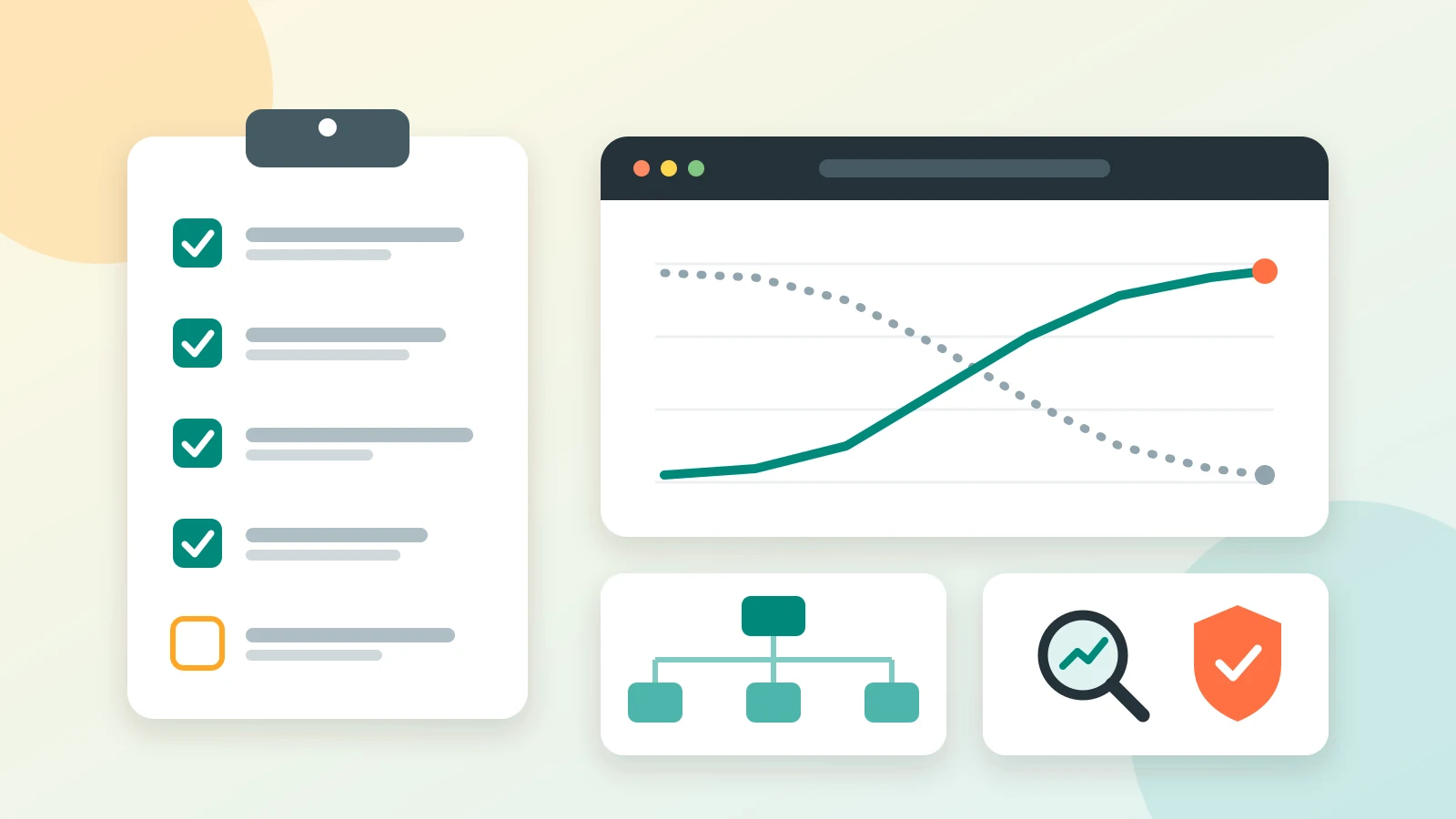 Flat illustration of a completed migration checklist beside a dashboard where old URLs decline and new URLs rise, with sitemap and search monitoring icons