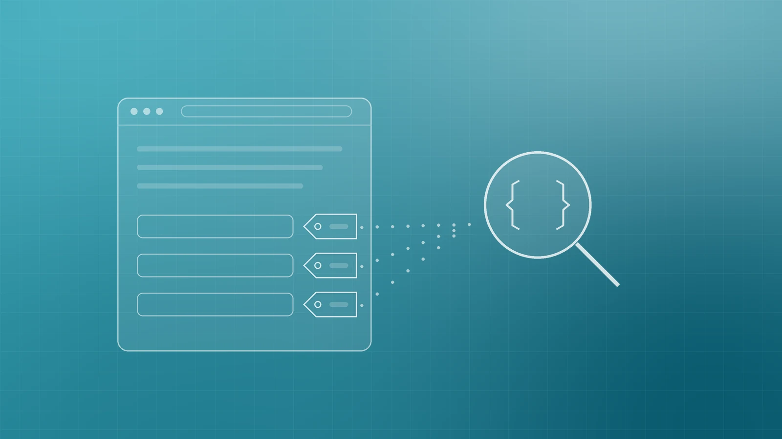 Illustration of a web page whose content blocks carry label tags, linked by dotted lines to a magnifier holding code braces, representing how Google reads structured data