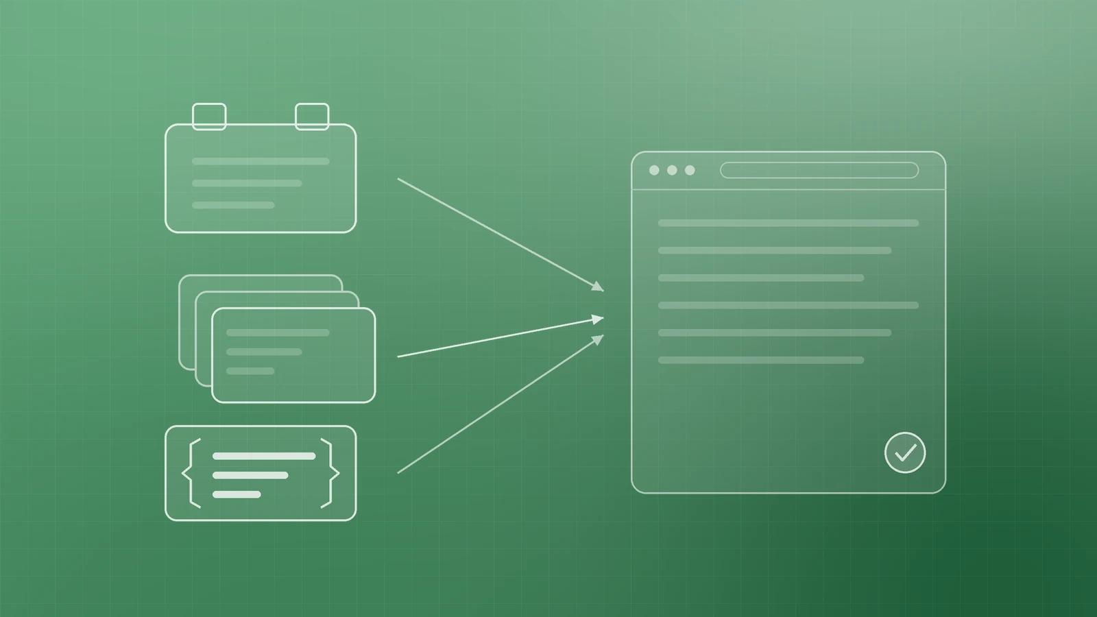 Illustration of a plugin block, a stack of page templates and a hand-written code block, each with an arrow into one web page, representing where JSON-LD markup gets added