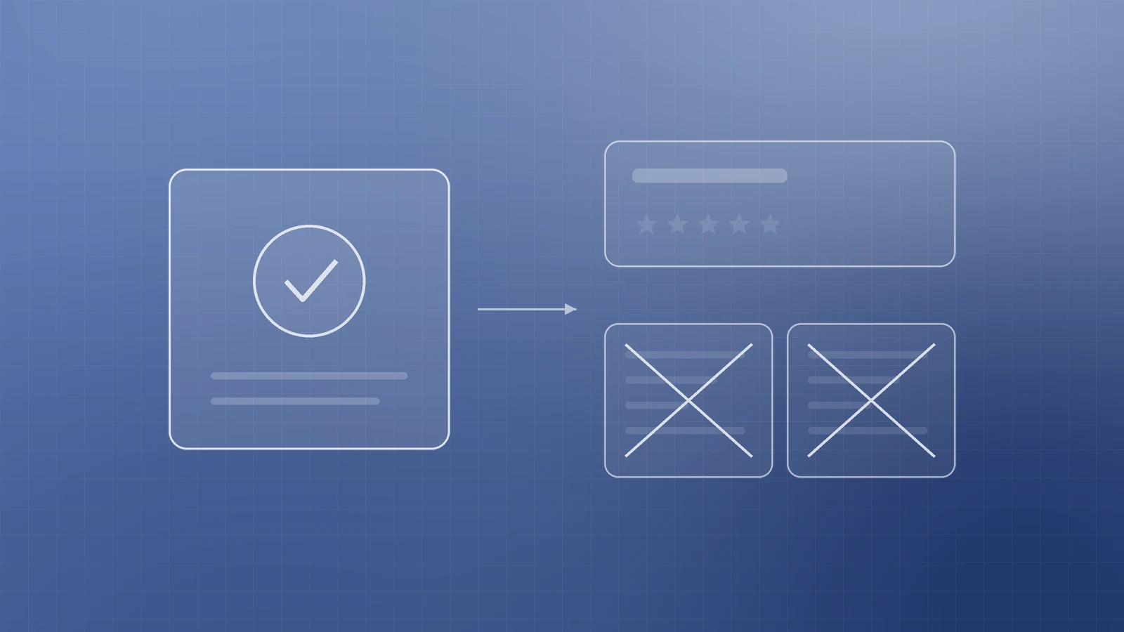Illustration of a valid-markup badge pointing to a faded search result card beside two crossed-out cards, representing that valid markup does not guarantee rich results