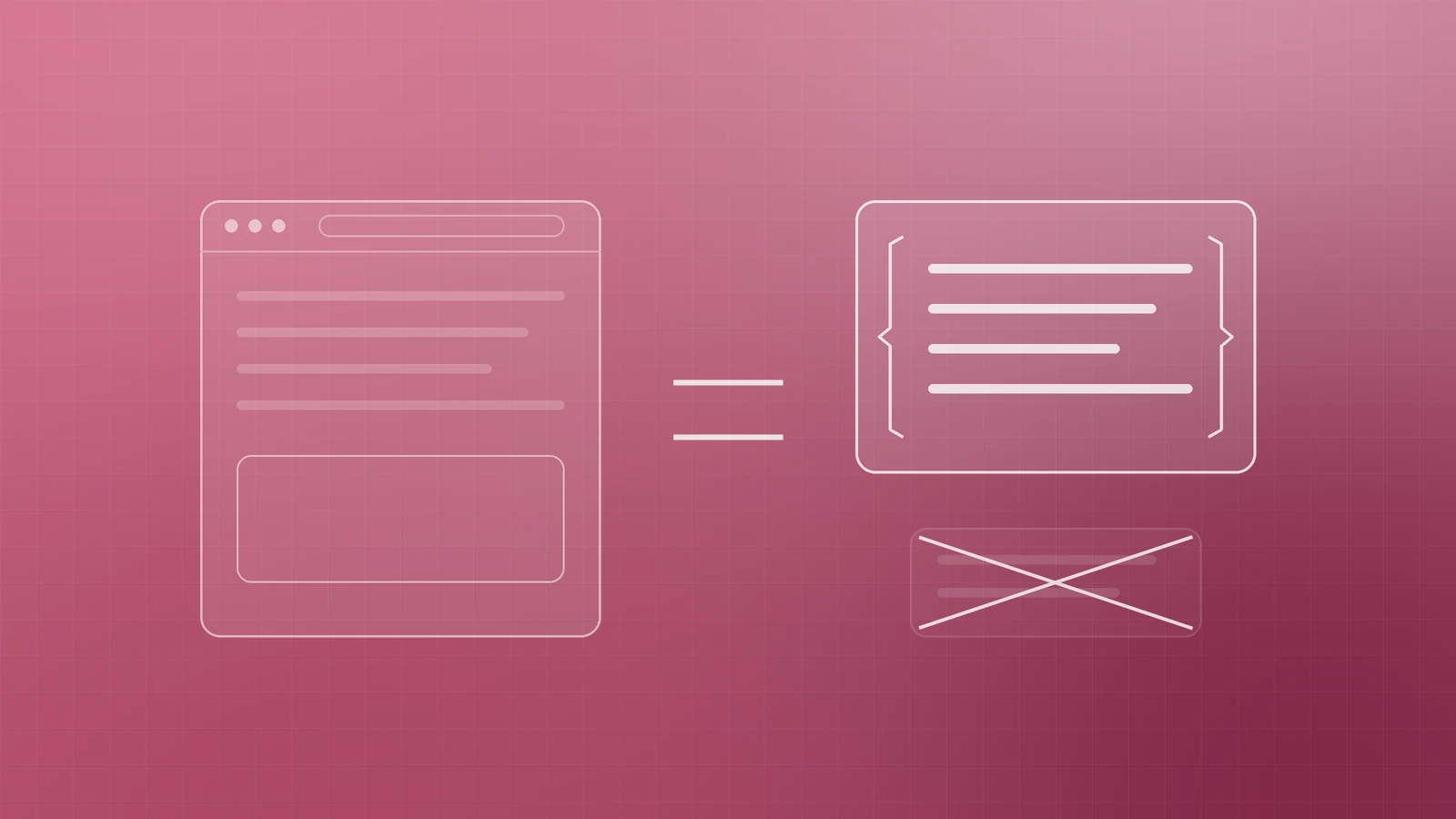 Illustration of a web page and a code block joined by an equals sign, with a hidden block crossed out, representing markup that matches visible content