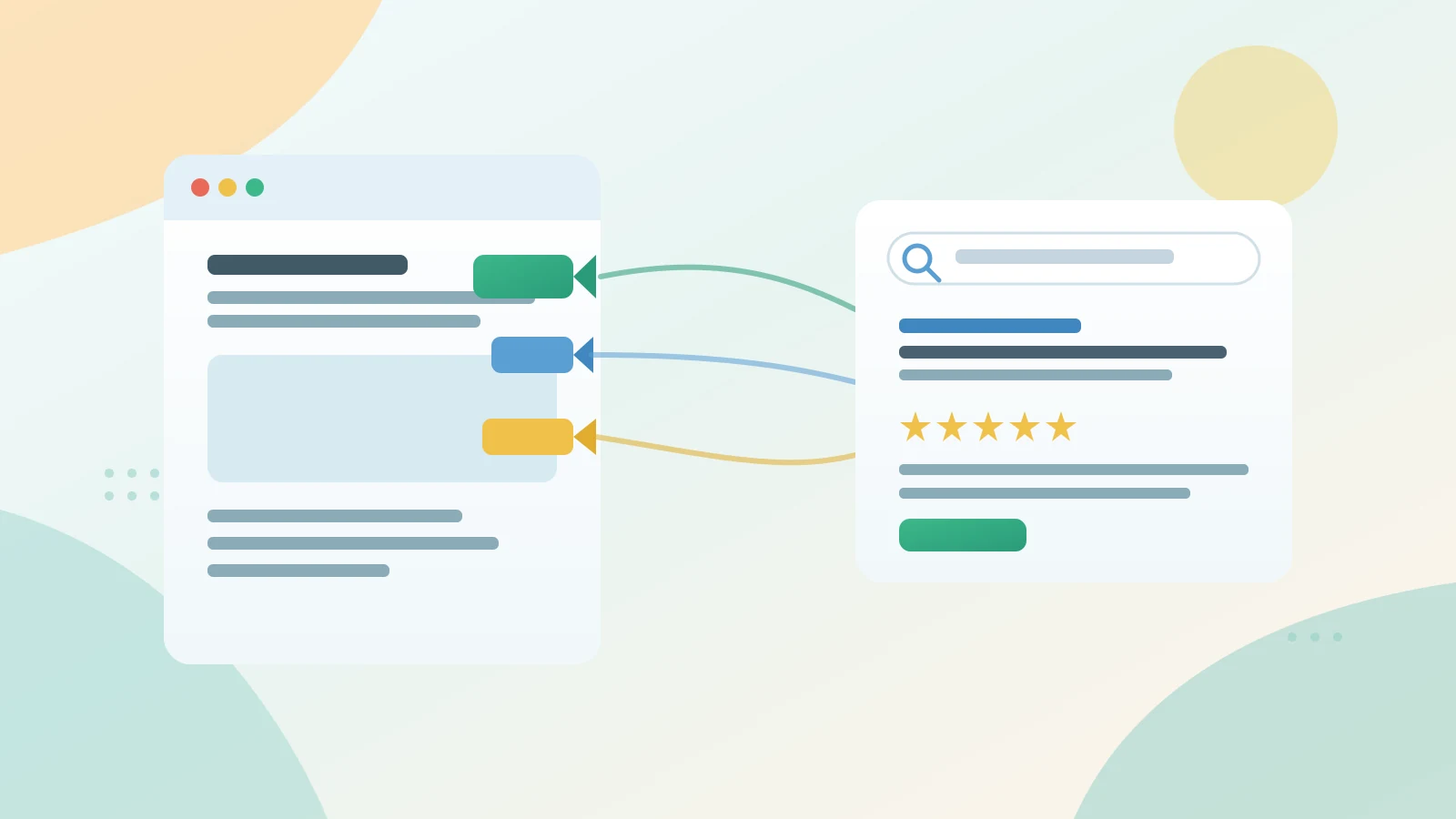 Flat illustration of a web page card with label tags connecting to a search result card with stars