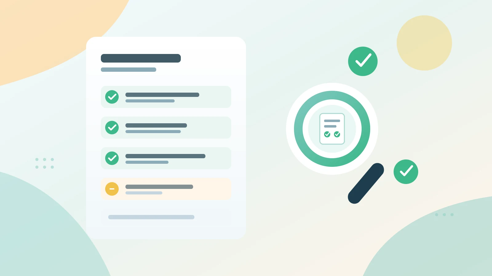 Flat illustration of a checklist document with green checks and a magnifying glass validating it