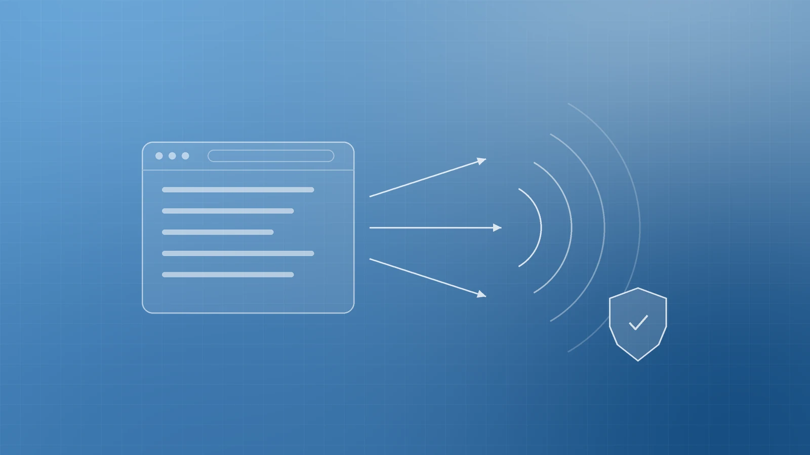 Illustration of a browser window with arrows reaching out to a widening set of rings, beside a shield with a tick, representing the business case for website accessibility
