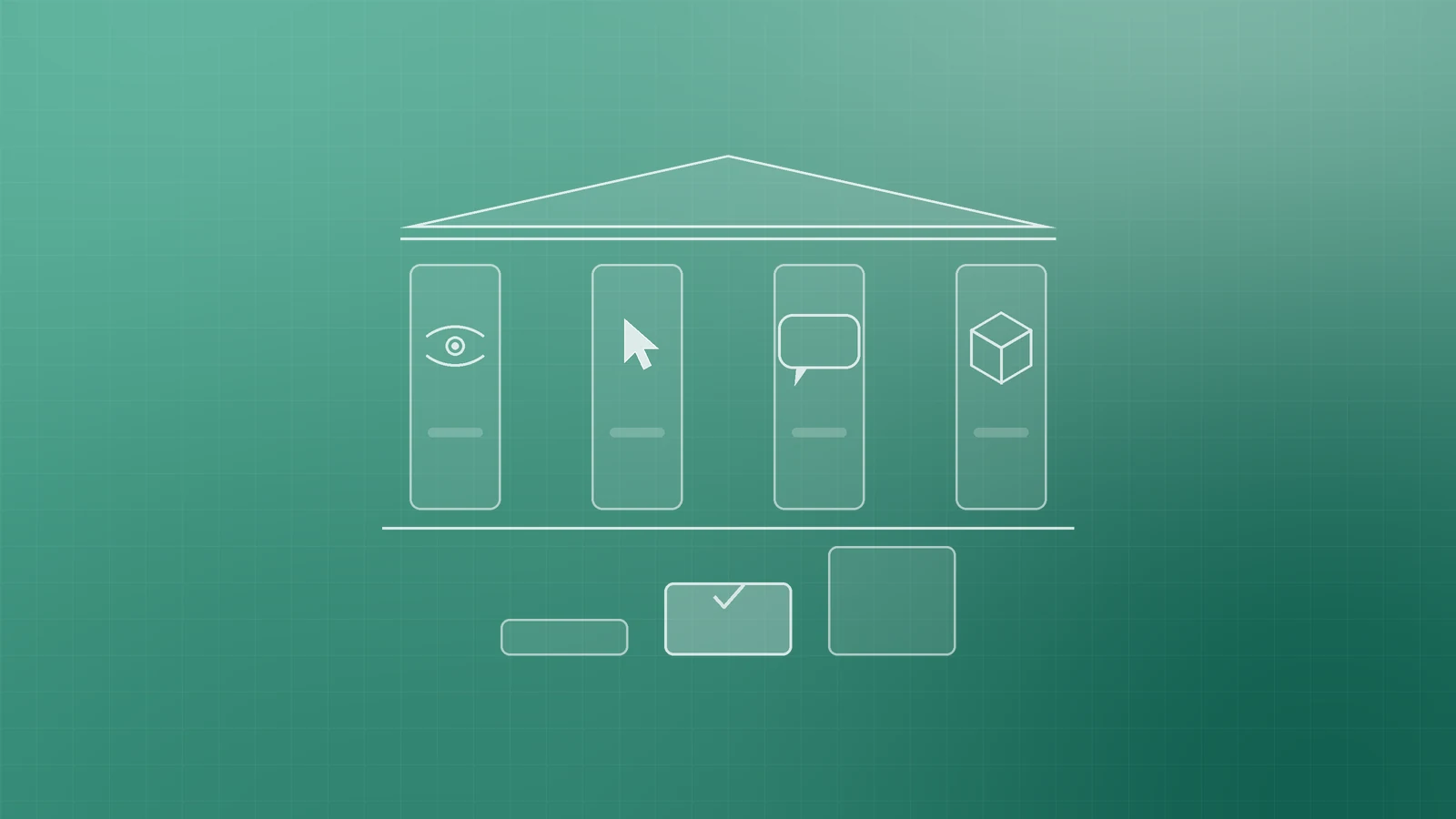 Illustration of four pillars marked with an eye, a pointer, a speech bubble and a cube, above three steps with the middle step highlighted, representing WCAG's four principles and Level AA as the practical target