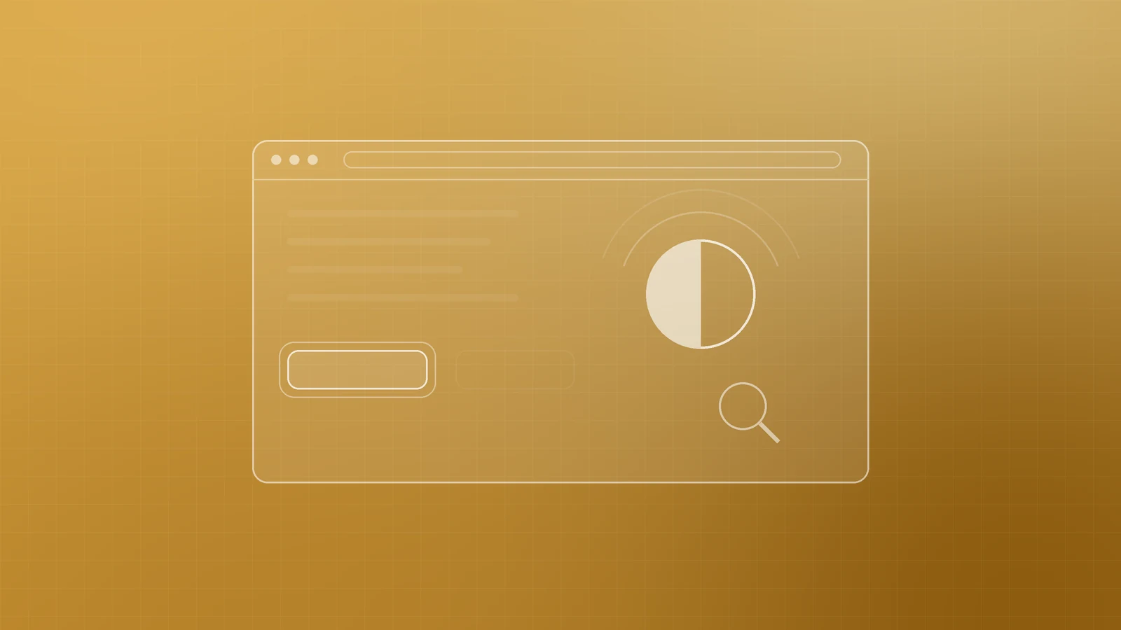Abstract marigold illustration of a browser window with a focus-ringed button, a half-shaded contrast circle and a magnifier, representing website accessibility for small businesses
