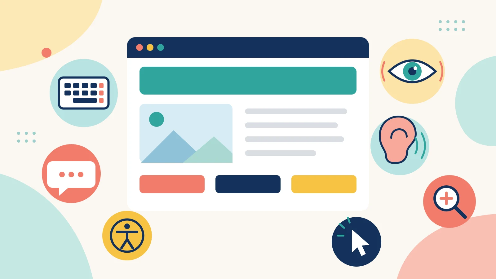 Flat illustration of a simple web page in a browser surrounded by accessibility icons for keyboard, vision, hearing, zoom and pointer use