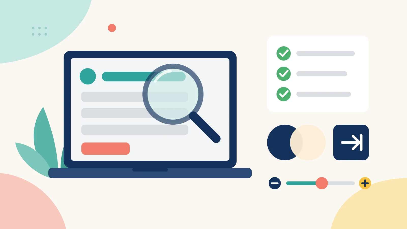 Flat illustration of a magnifying glass over a web form on a laptop, with a checklist, colour contrast swatches, a Tab key and a zoom slider