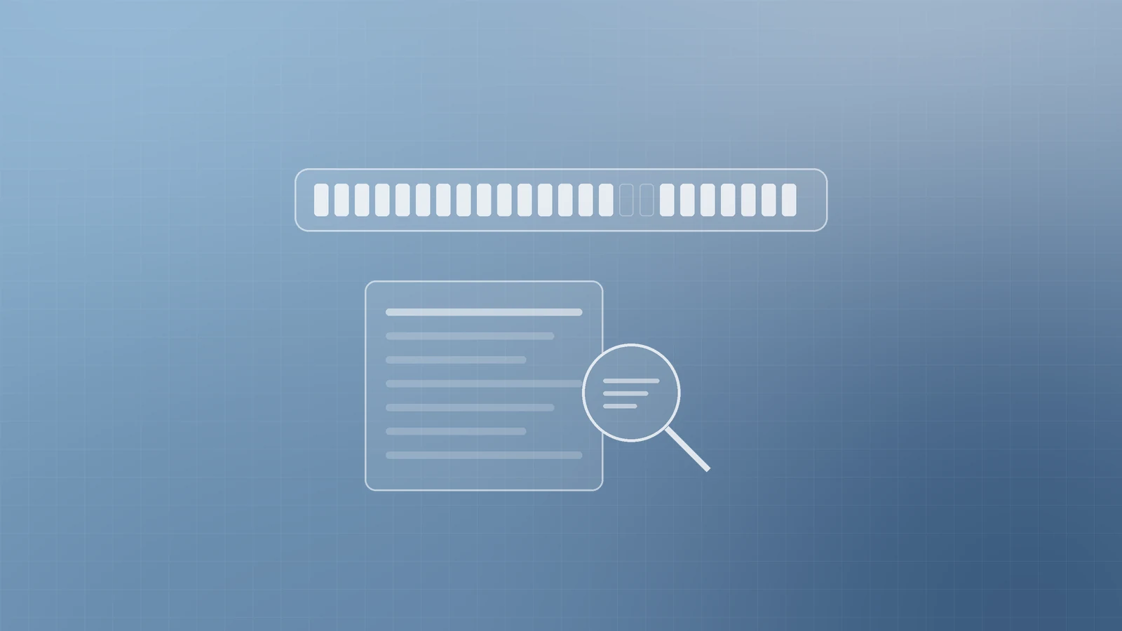 Illustration of a row of status segments with a small gap, above a document of fine print under a magnifying glass, representing reading what an uptime guarantee really covers