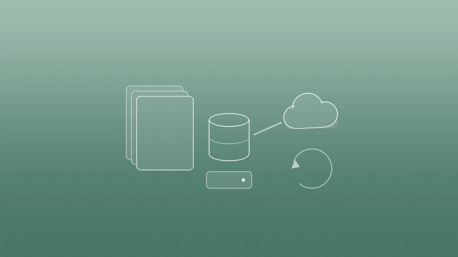 Illustration of three stacked file copies, a storage drum and a drive, linked to an off-site cloud with a circular restore arrow, representing backups you can restore