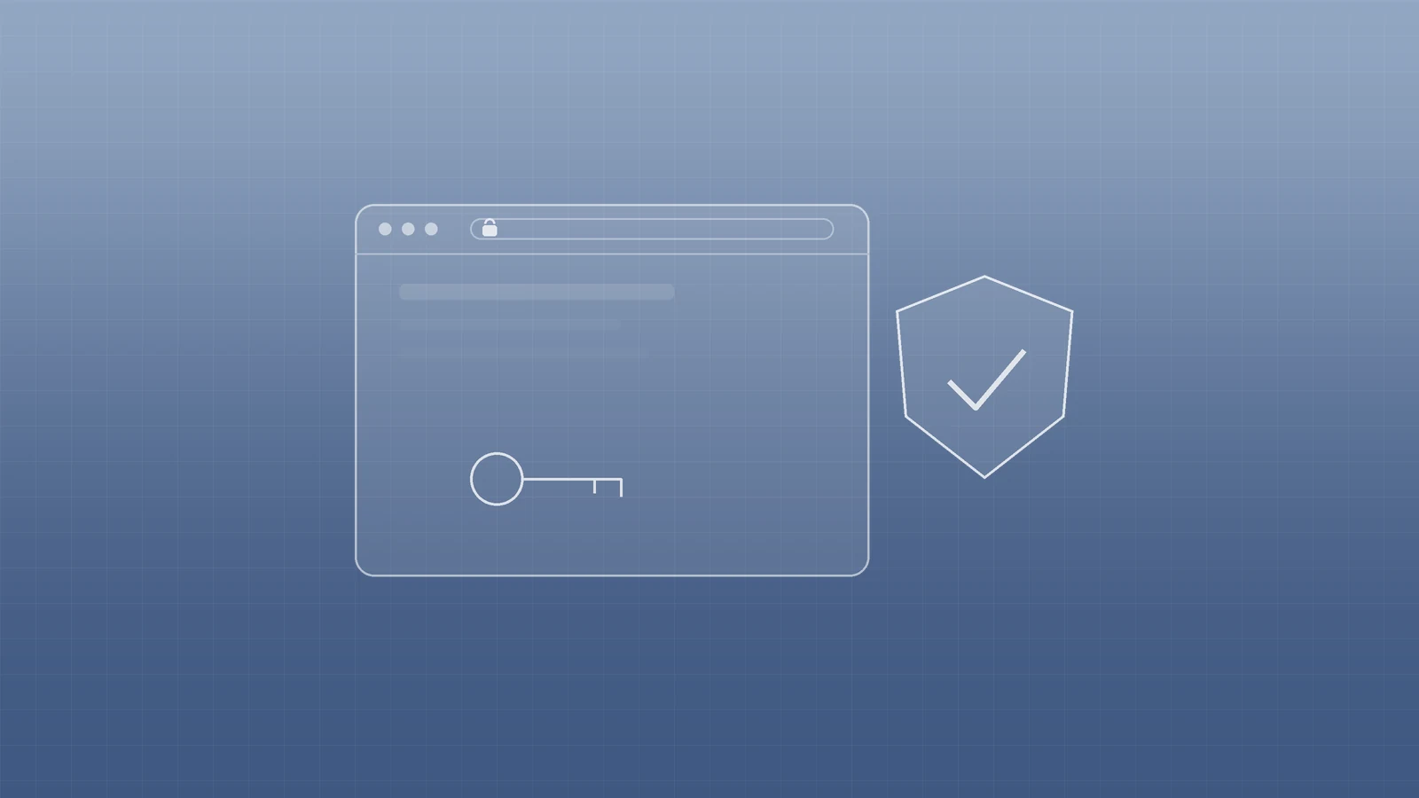 Illustration of a browser window with a closed padlock in the address bar and a key, beside a shield with a tick, representing security included by default
