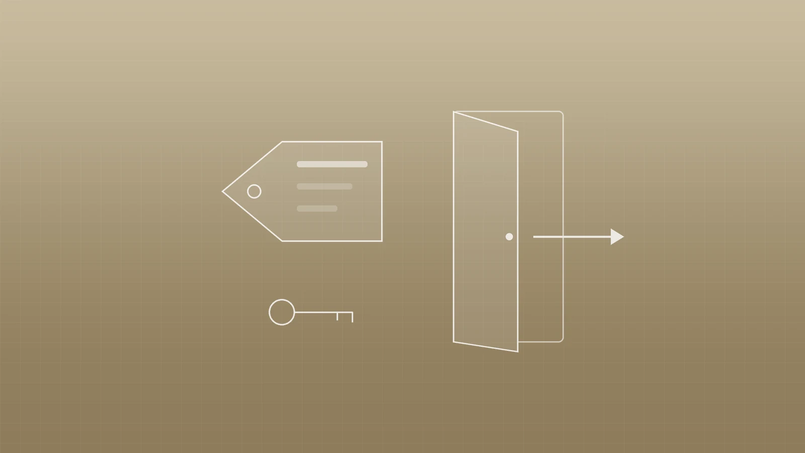 Illustration of a blank price tag and a key beside a door standing ajar with an arrow leading out, representing true hosting cost and an easy exit