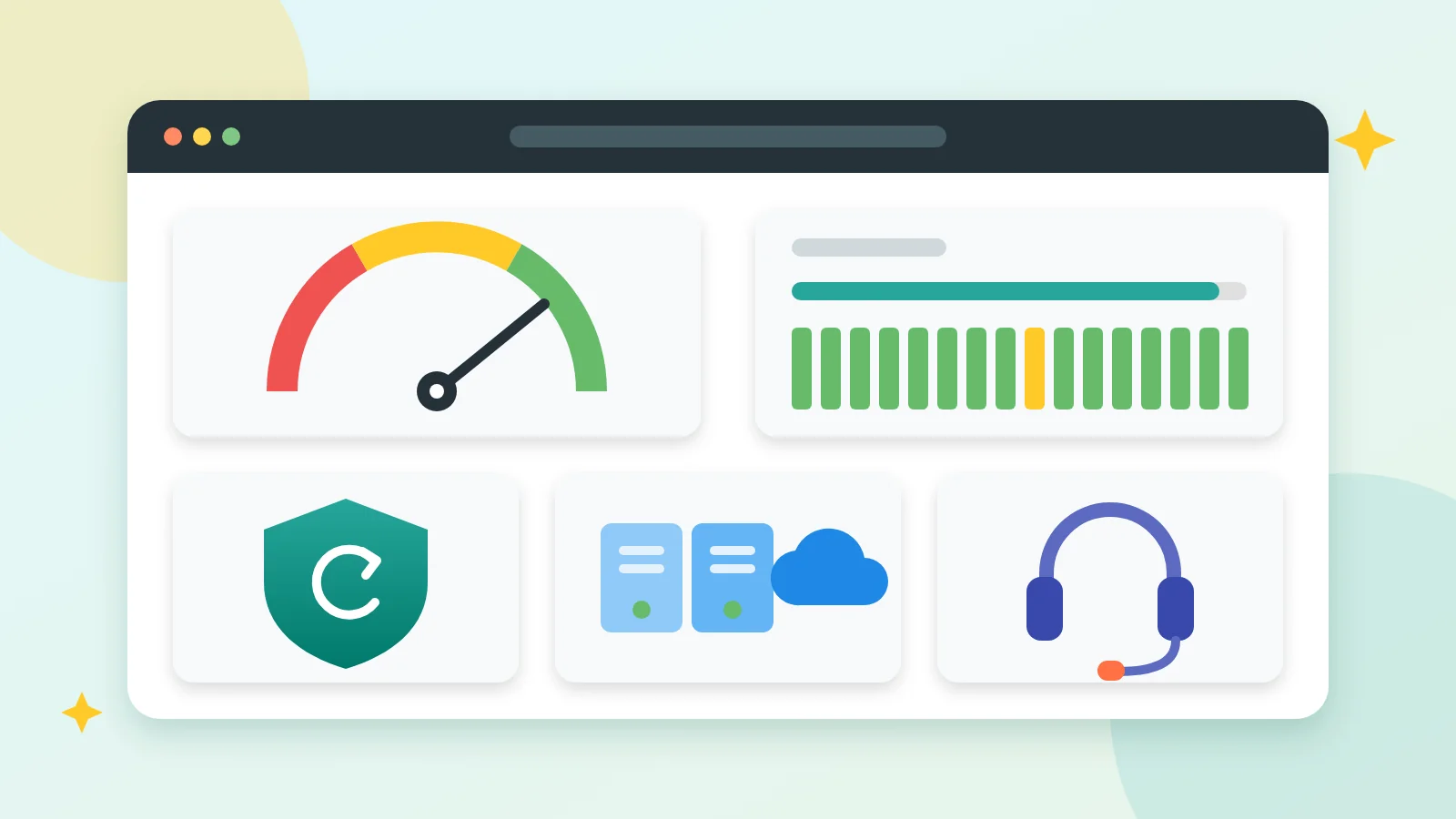 Flat illustration of a hosting dashboard showing a speed gauge, an uptime bar, a backup shield and a support headset, representing the key factors for choosing a web host