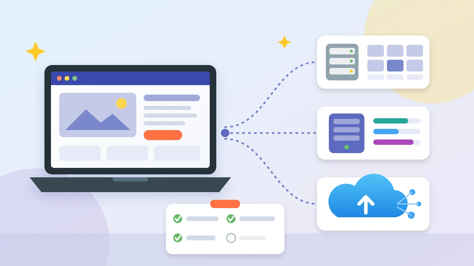 Flat illustration of a small business website on a laptop connected to three hosting options: a shared server, a dedicated server and a cloud, with a checklist below them