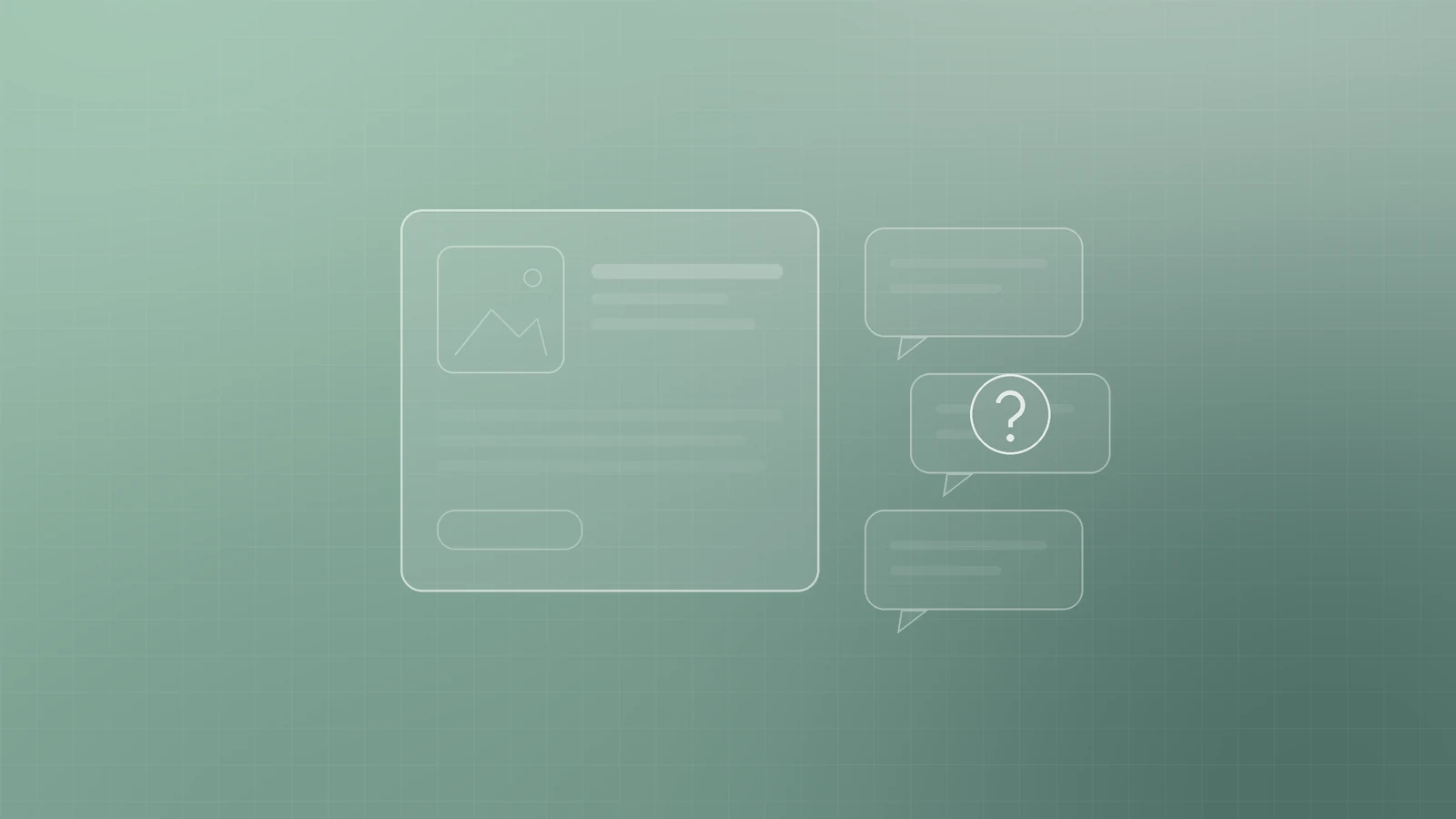Illustration of a business profile card with empty placeholder lines and image frame beside empty speech bubbles and a question mark, representing a website with nothing to build a stranger's trust